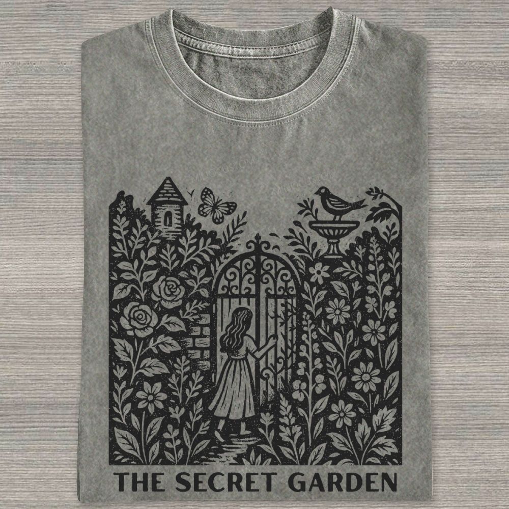 Woodcut Garden Gate Girl Flowers Bird Butterfly Washed T-shirt