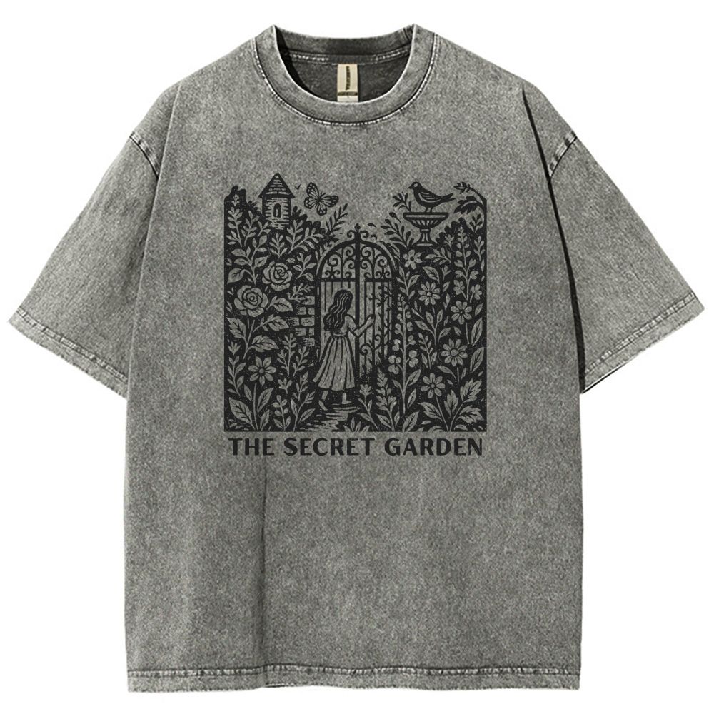 Woodcut Garden Gate Girl Flowers Bird Butterfly Washed T-shirt