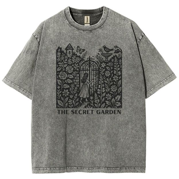 Woodcut Garden Gate Girl Flowers Bird Butterfly Washed T-shirt