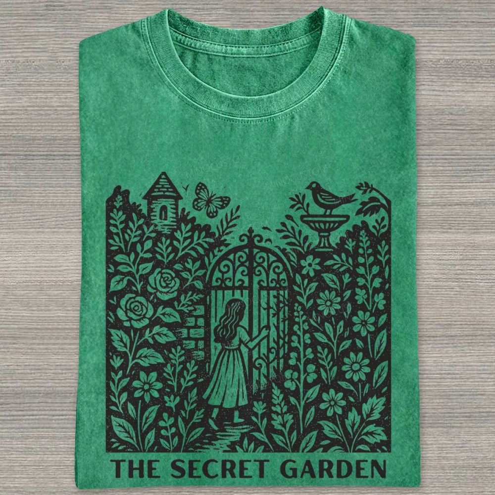 Woodcut Garden Gate Girl Flowers Bird Butterfly Washed T-shirt
