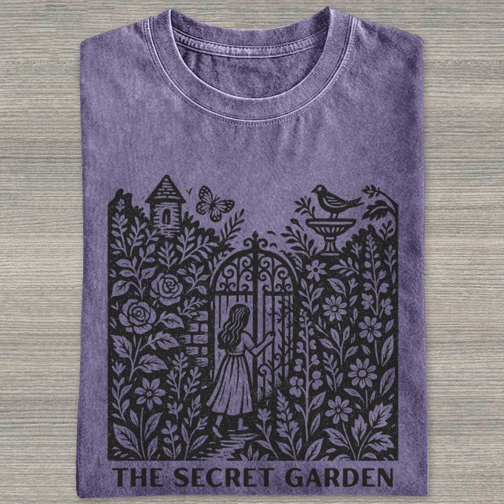 Woodcut Garden Gate Girl Flowers Bird Butterfly Washed T-shirt