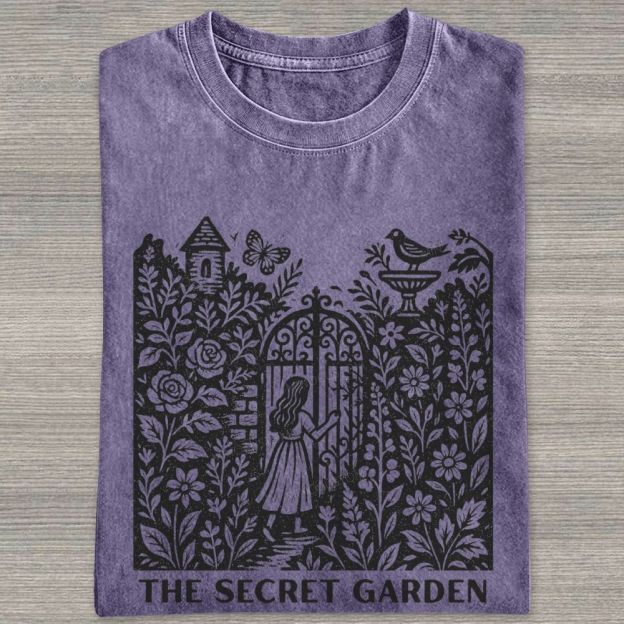 Woodcut Garden Gate Girl Flowers Bird Butterfly Washed T-shirt