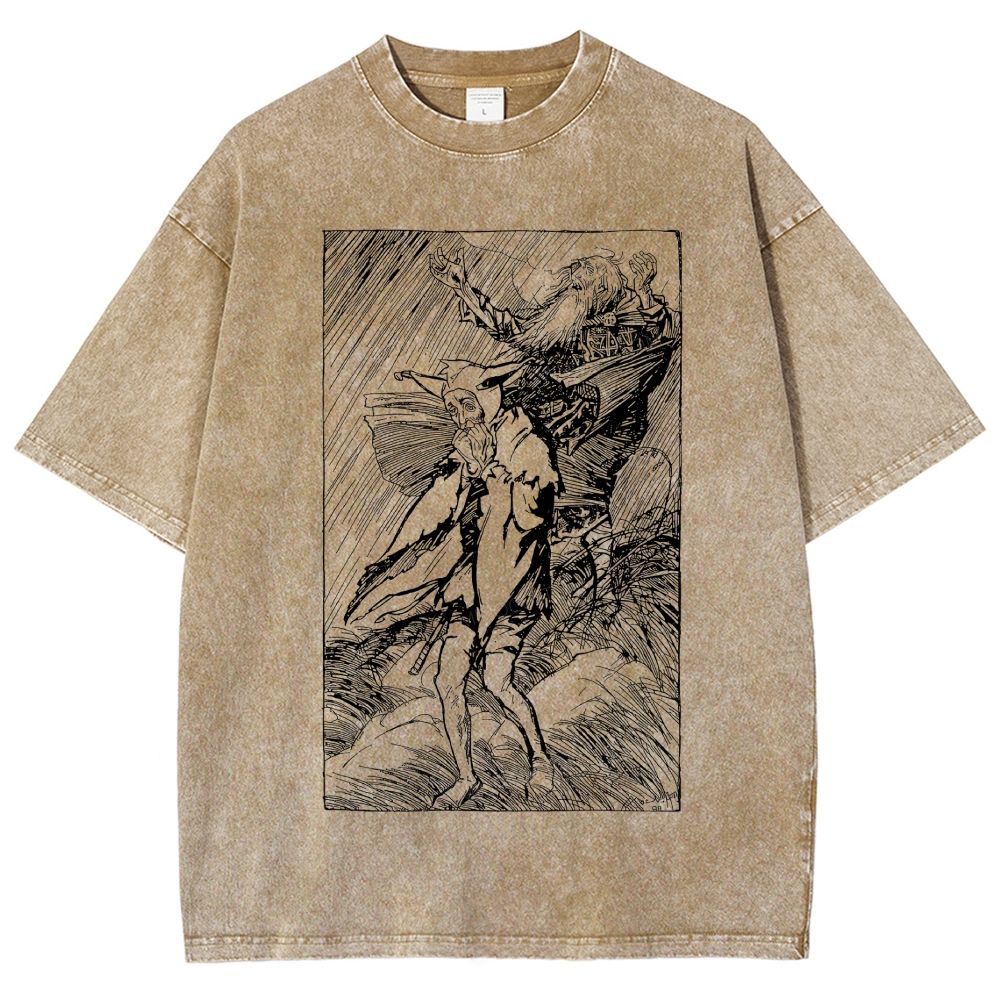 Vintage Woodcut Storm Scene Old King Unisex Fit Washed T-Shirt