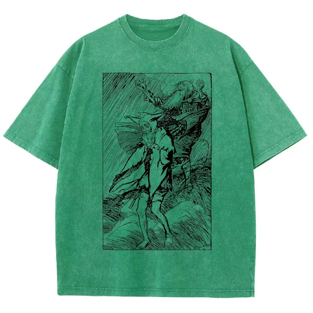Vintage Woodcut Storm Scene Old King Unisex Fit Washed T-Shirt