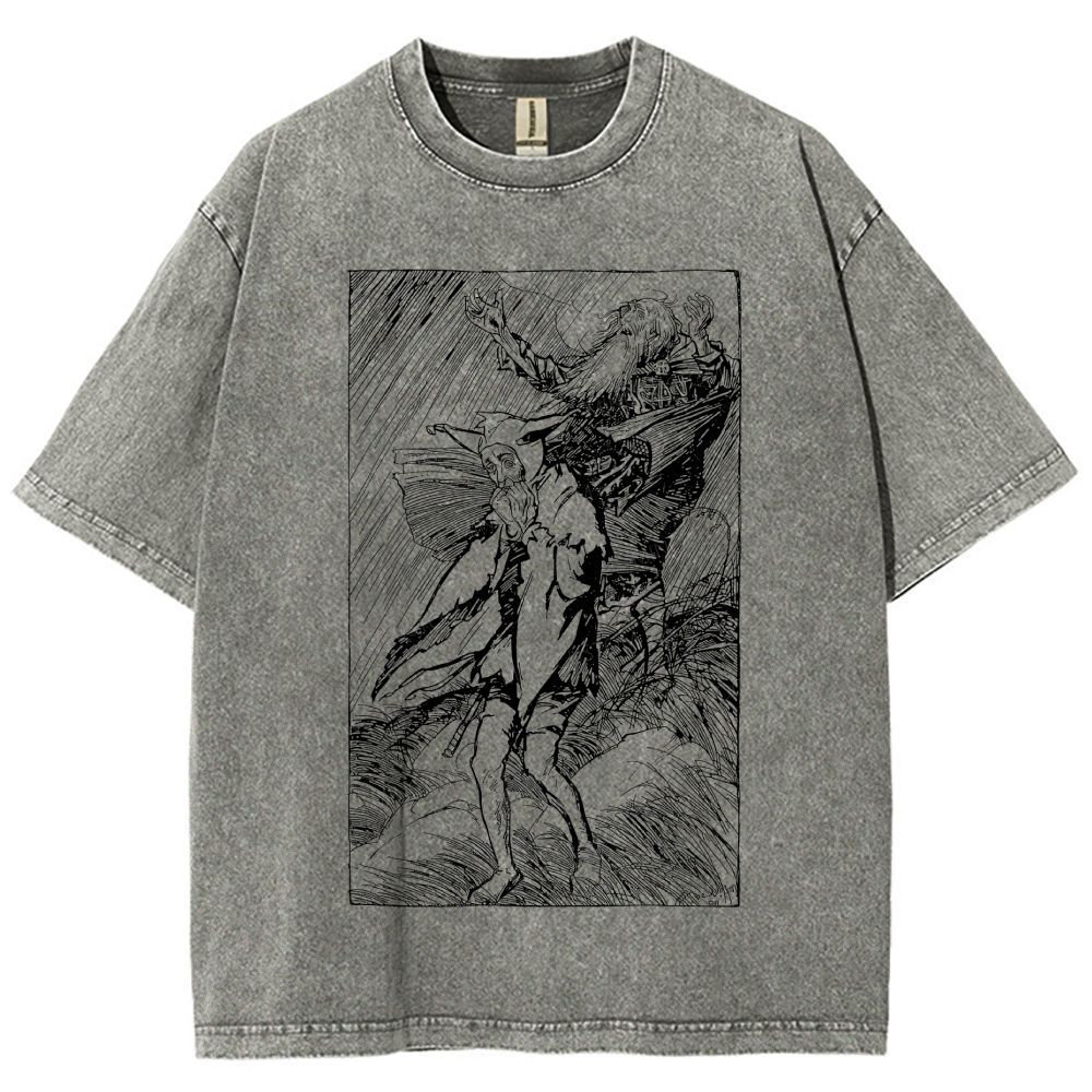 Vintage Woodcut Storm Scene Old King Unisex Fit Washed T-Shirt