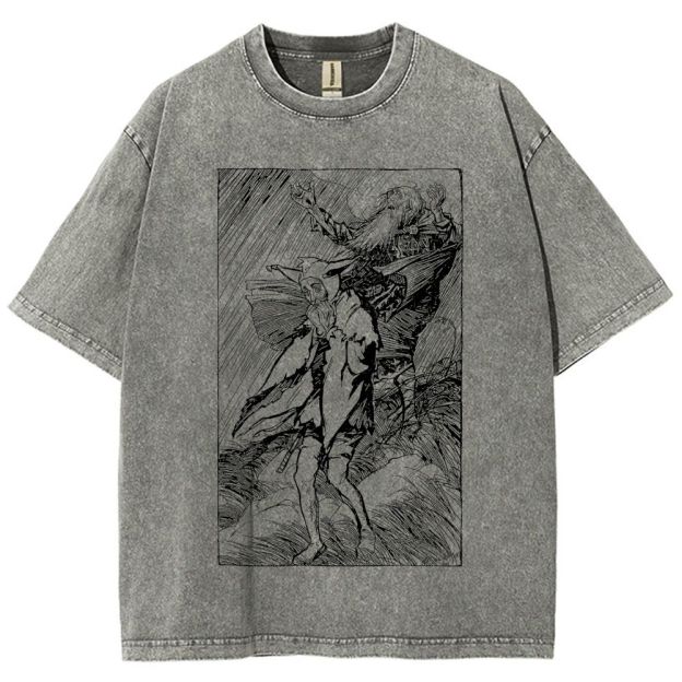 Vintage Woodcut Storm Scene Old King Unisex Fit Washed T-Shirt