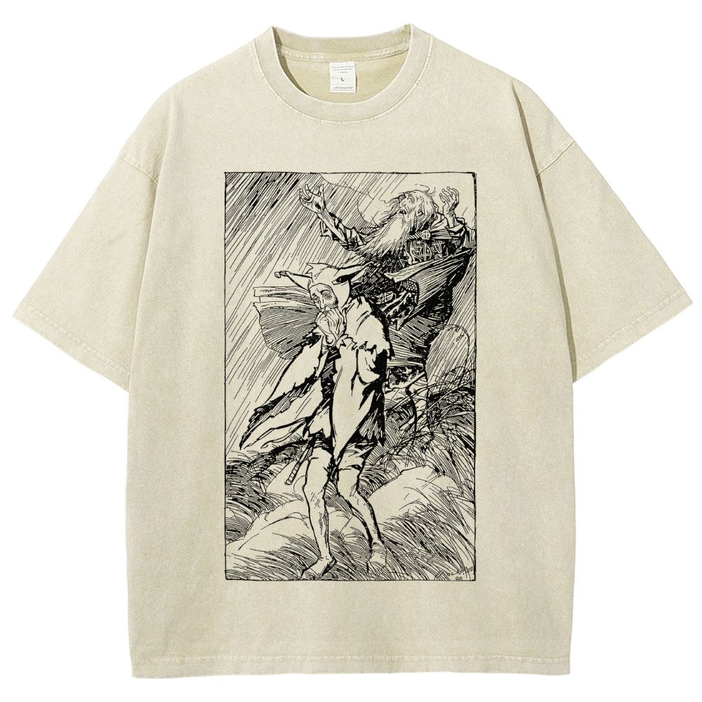 Vintage Woodcut Storm Scene Old King Unisex Fit Washed T-Shirt