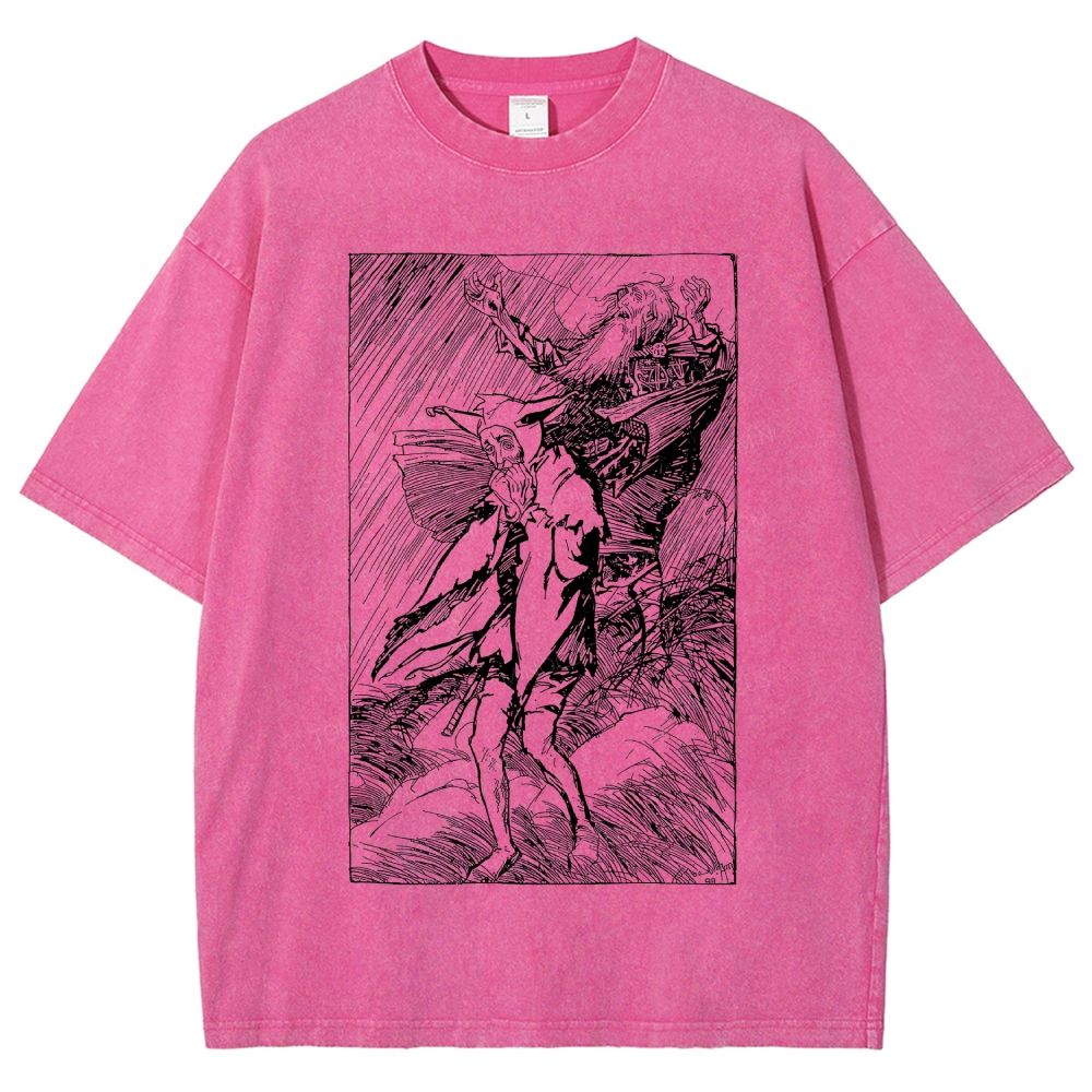 Vintage Woodcut Storm Scene Old King Unisex Fit Washed T-Shirt