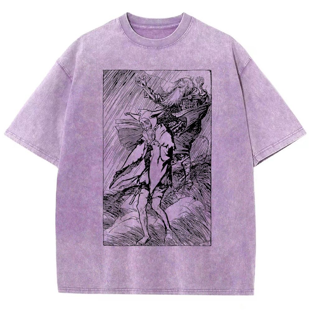 Vintage Woodcut Storm Scene Old King Unisex Fit Washed T-Shirt
