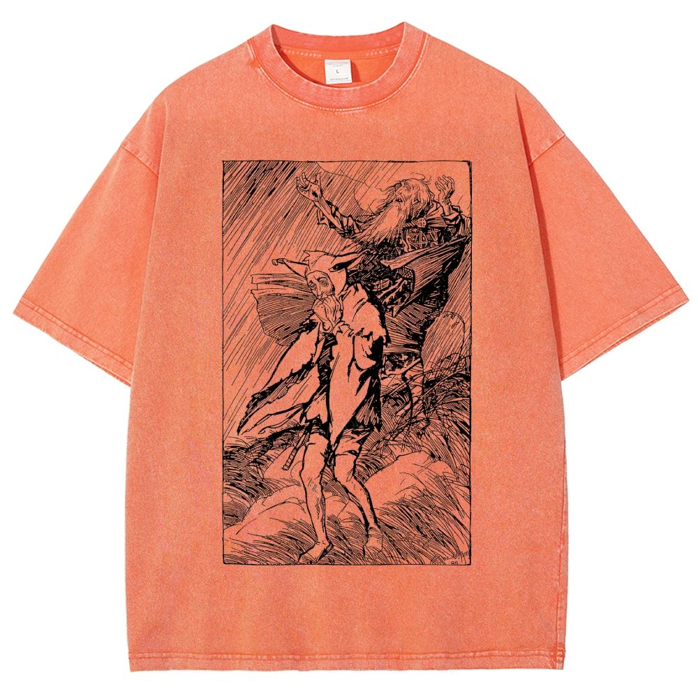 Vintage Woodcut Storm Scene Old King Unisex Fit Washed T-Shirt