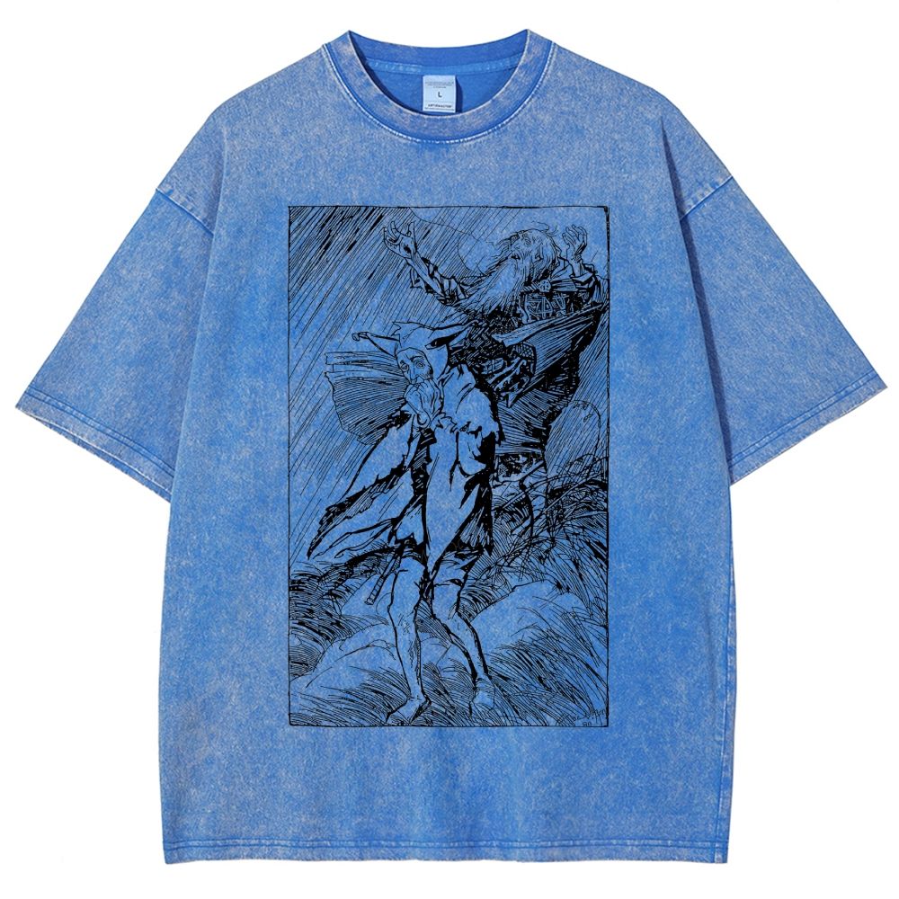 Vintage Woodcut Storm Scene Old King Unisex Fit Washed T-Shirt