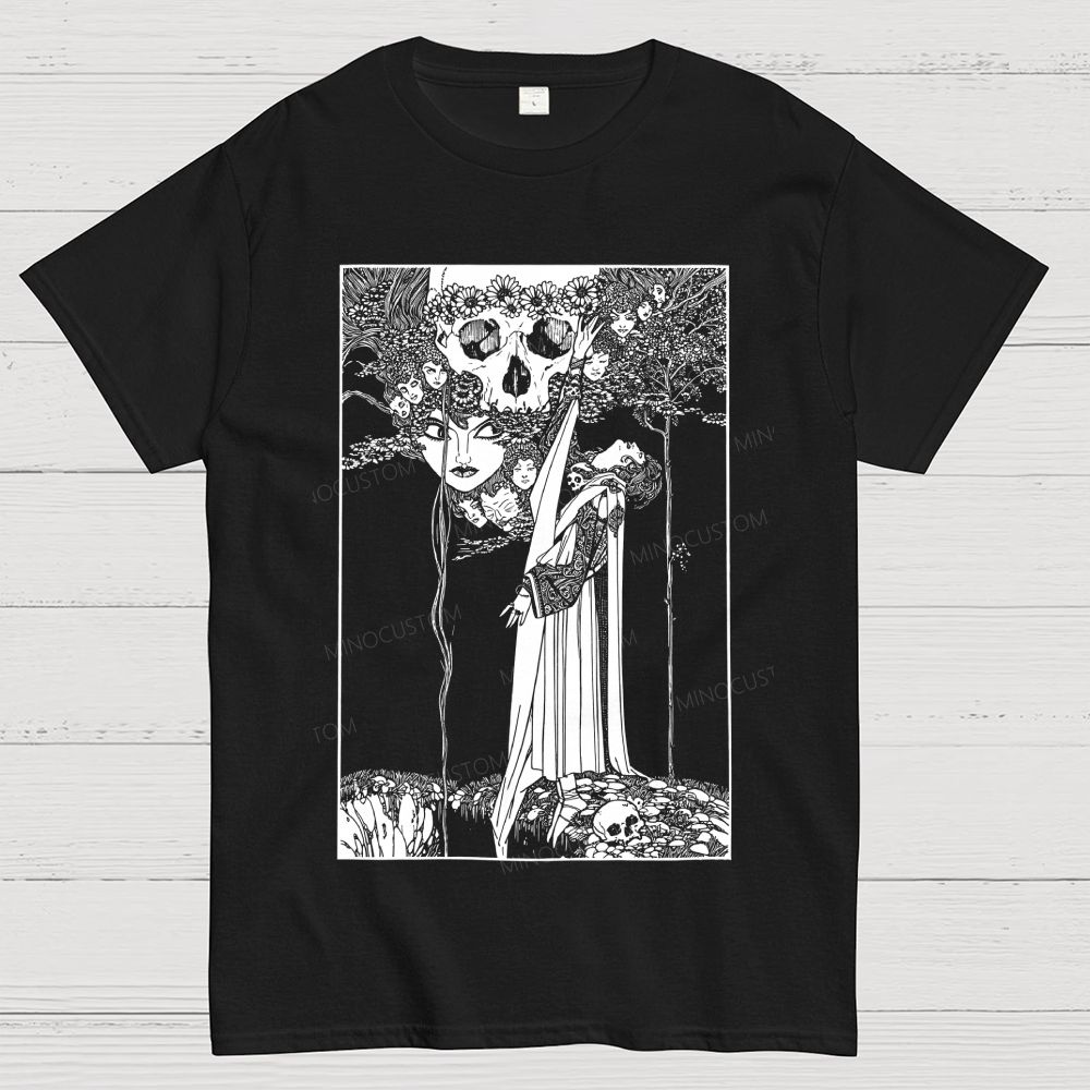 Dark Gothic Art Skull Lady Figure Surreal Antique Cotton T-Shirt
