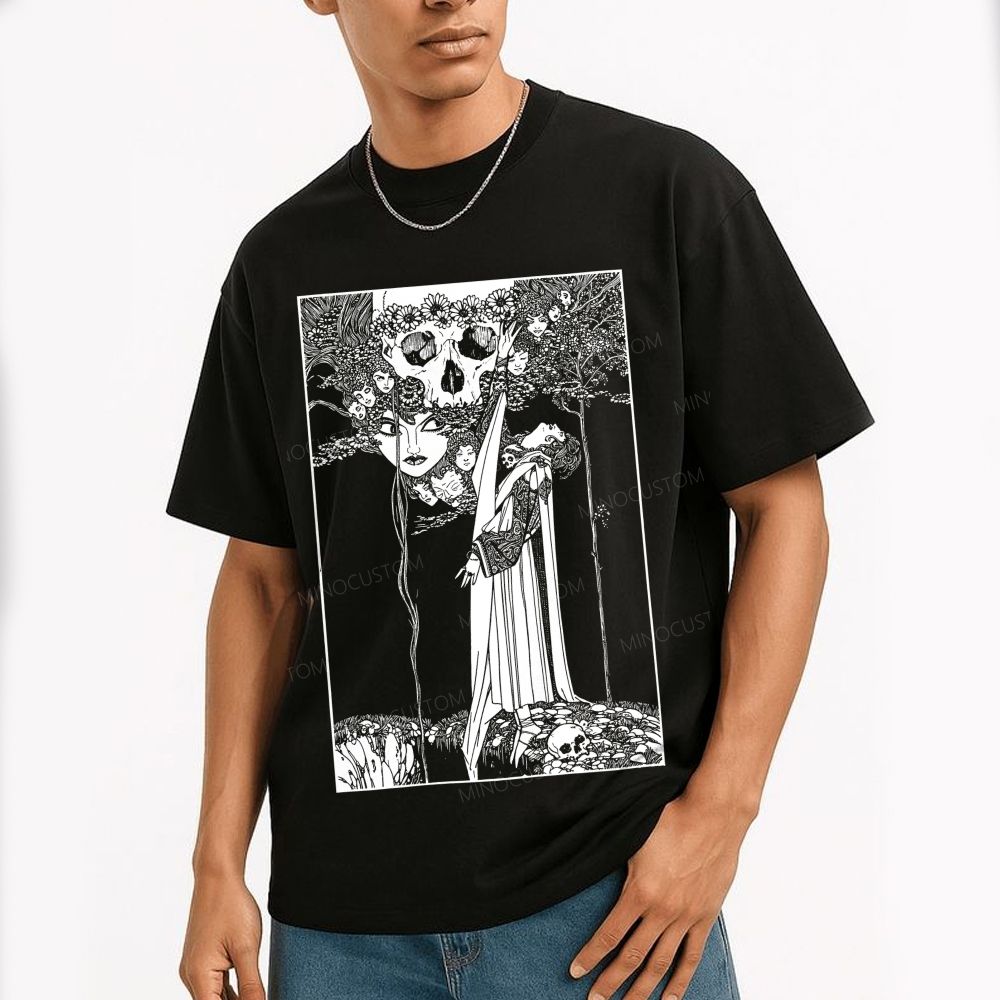 Dark Gothic Art Skull Lady Figure Surreal Antique Cotton T-Shirt
