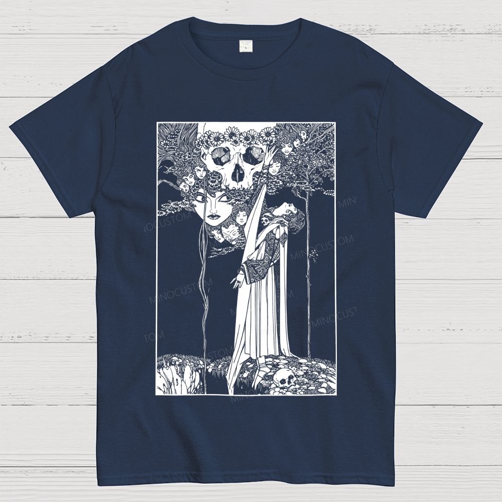 Dark Gothic Art Skull Lady Figure Surreal Antique Cotton T-Shirt