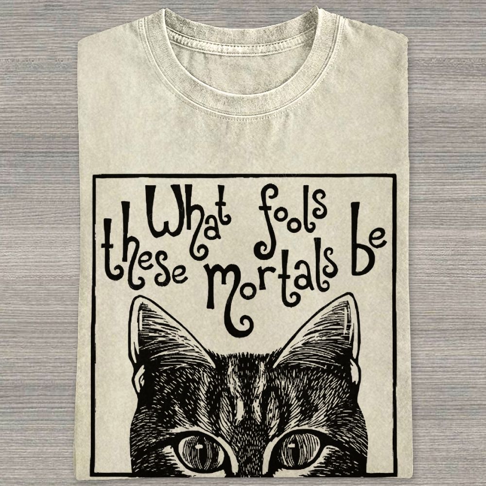 Block Framed Tabby Cat Peeking Vintage Curly Poem Washed T-shirt