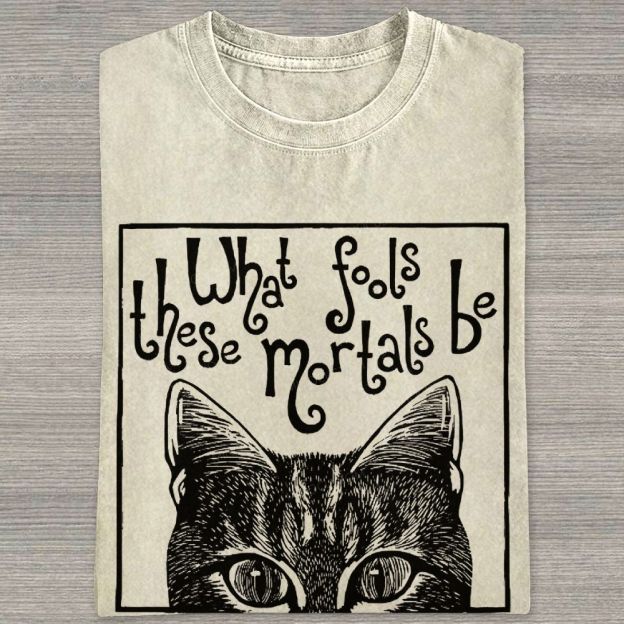 Block Framed Tabby Cat Peeking Vintage Curly Poem Washed T-shirt