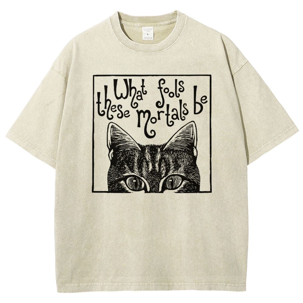 Block Framed Tabby Cat Peeking Vintage Curly Poem Washed T-shirt