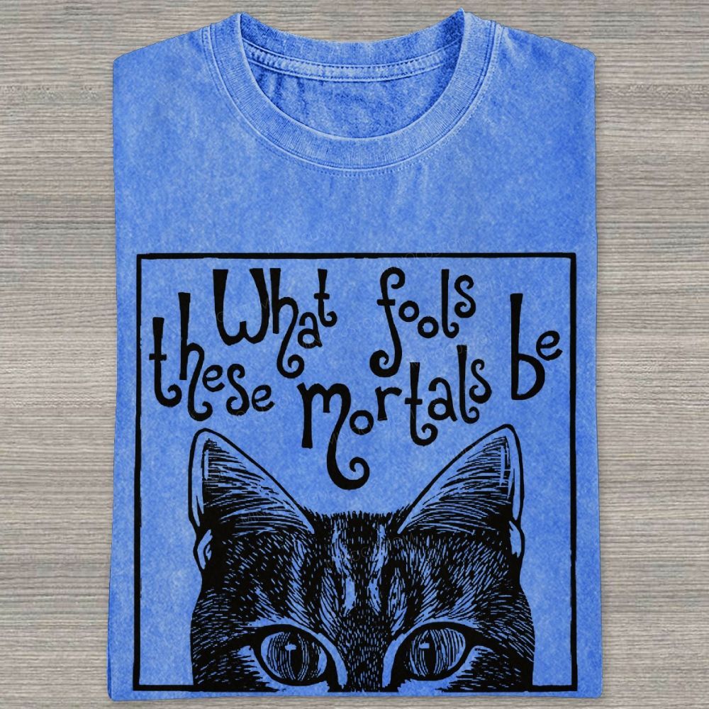 Block Framed Tabby Cat Peeking Vintage Curly Poem Washed T-shirt