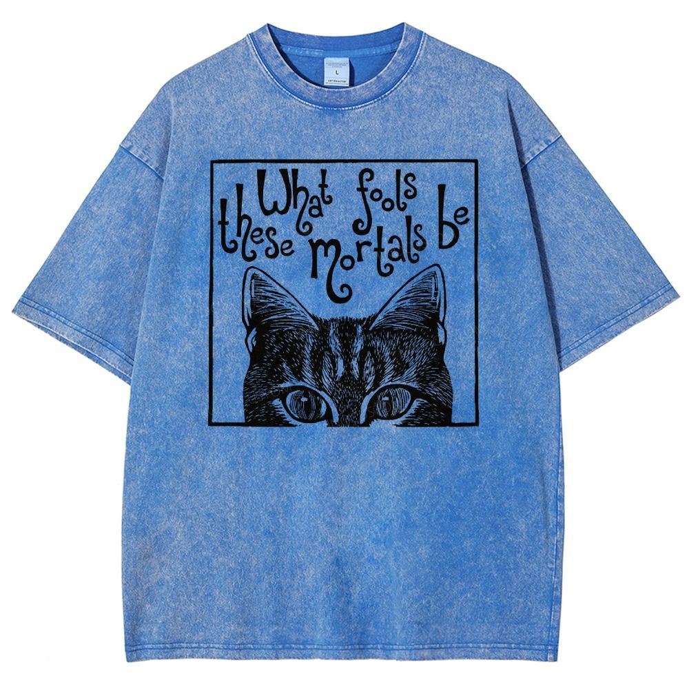 Block Framed Tabby Cat Peeking Vintage Curly Poem Washed T-shirt