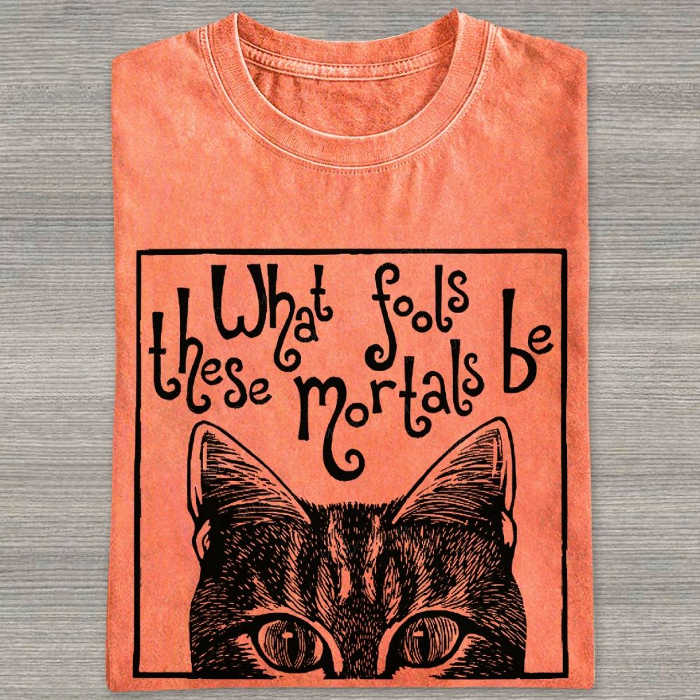 Block Framed Tabby Cat Peeking Vintage Curly Poem Washed T-shirt