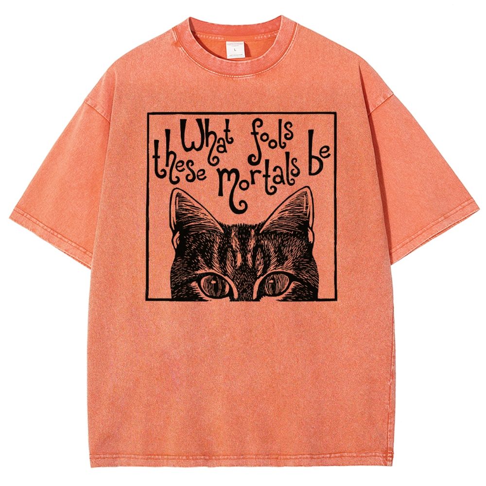 Block Framed Tabby Cat Peeking Vintage Curly Poem Washed T-shirt