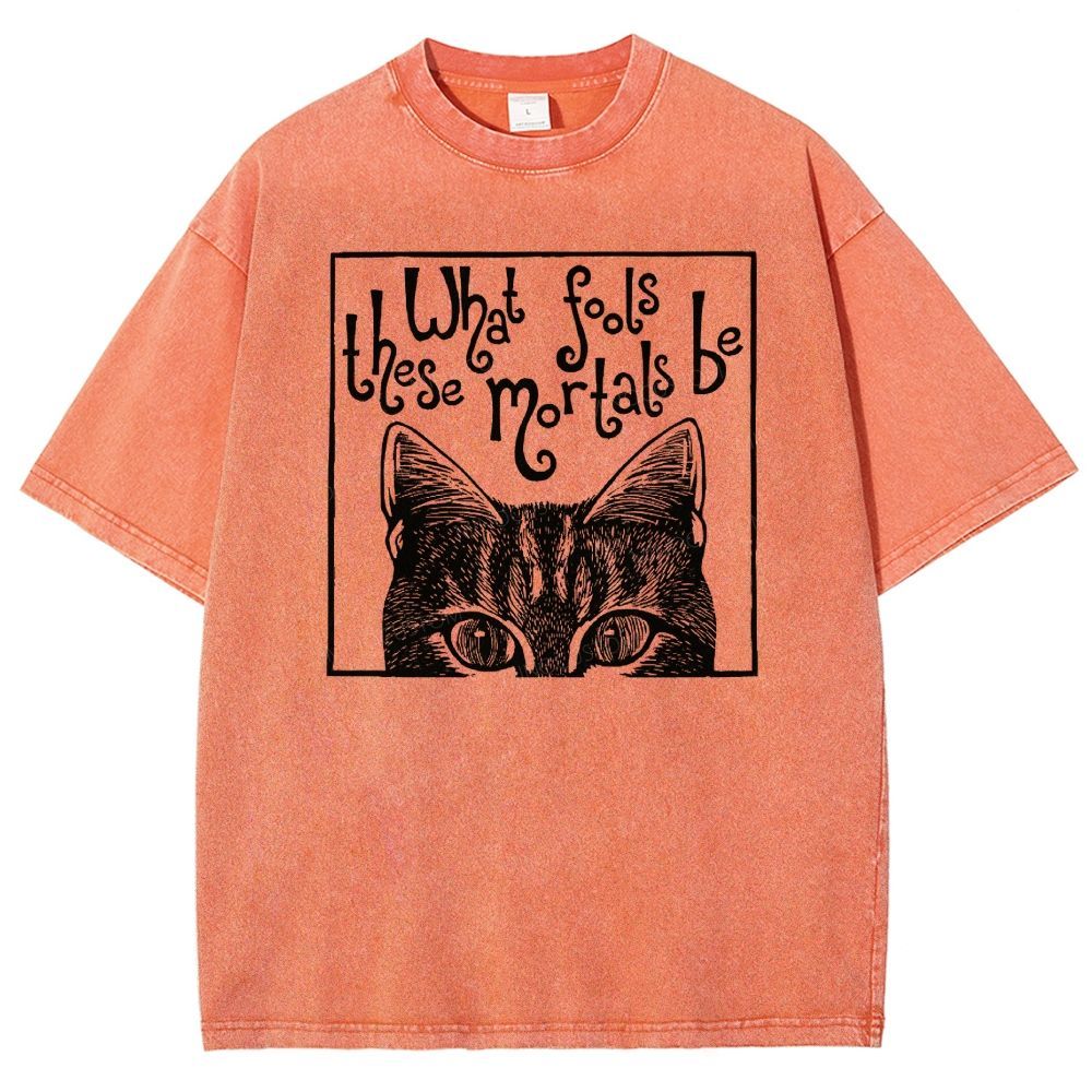 Block Framed Tabby Cat Peeking Vintage Curly Poem Washed T-shirt