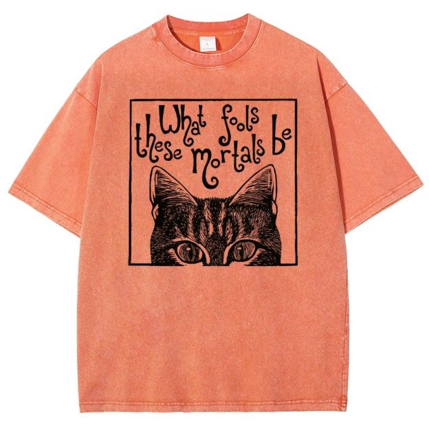 Block Framed Tabby Cat Peeking Vintage Curly Poem Washed T-shirt
