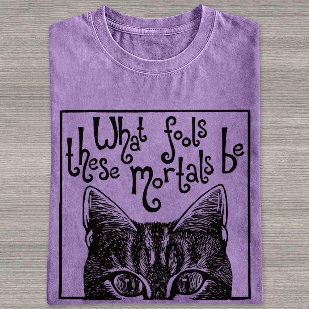Block Framed Tabby Cat Peeking Vintage Curly Poem Washed T-shirt