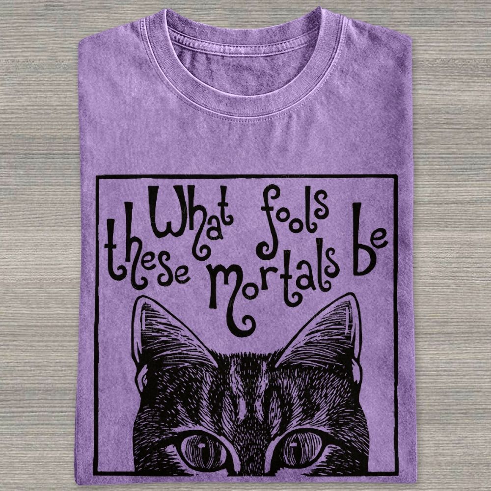 Block Framed Tabby Cat Peeking Vintage Curly Poem Washed T-shirt