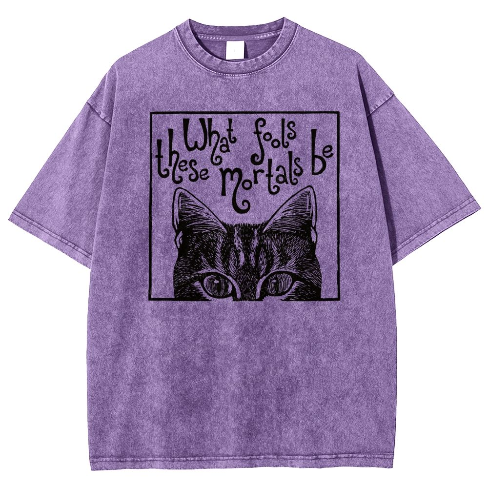 Block Framed Tabby Cat Peeking Vintage Curly Poem Washed T-shirt