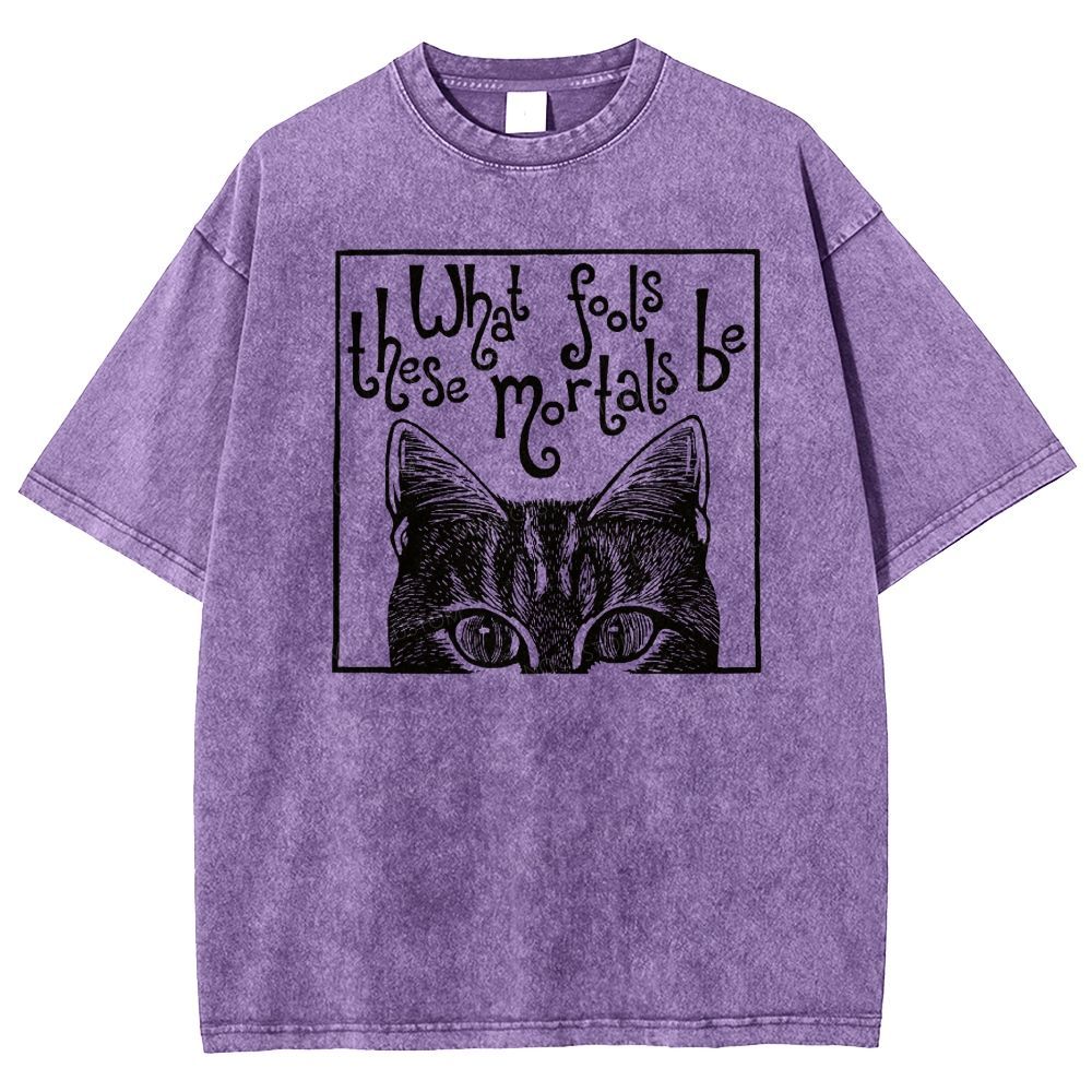 Block Framed Tabby Cat Peeking Vintage Curly Poem Washed T-shirt