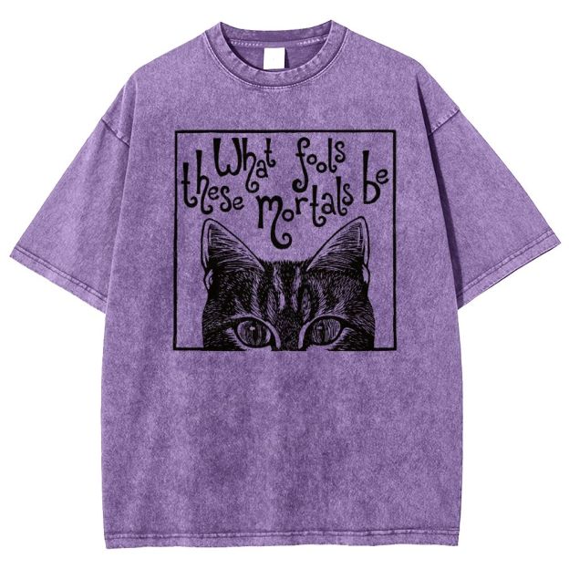 Block Framed Tabby Cat Peeking Vintage Curly Poem Washed T-shirt
