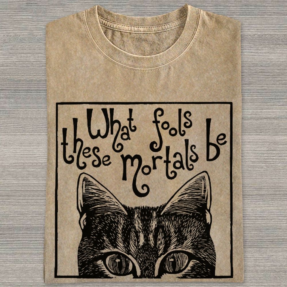 Block Framed Tabby Cat Peeking Vintage Curly Poem Washed T-shirt