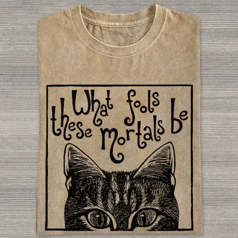 Block Framed Tabby Cat Peeking Vintage Curly Poem Washed T-shirt