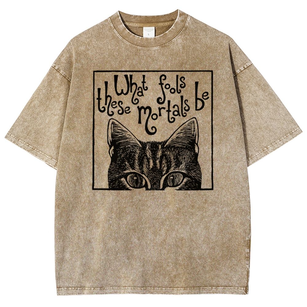 Block Framed Tabby Cat Peeking Vintage Curly Poem Washed T-shirt