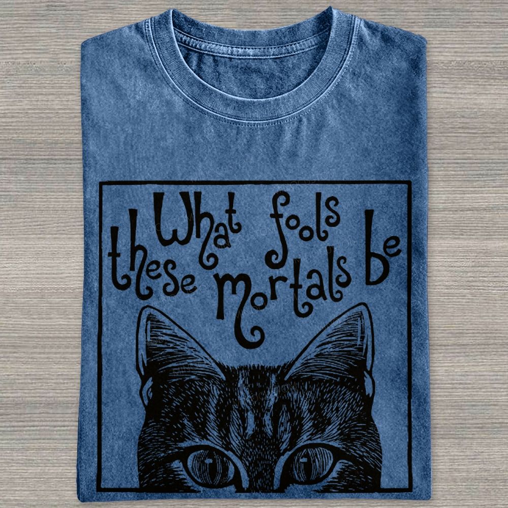 Block Framed Tabby Cat Peeking Vintage Curly Poem Washed T-shirt