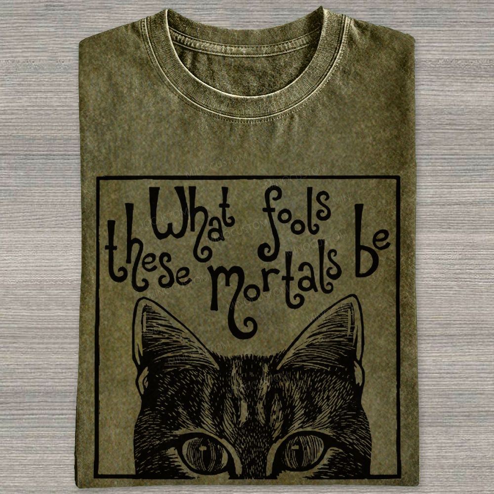 Block Framed Tabby Cat Peeking Vintage Curly Poem Washed T-shirt