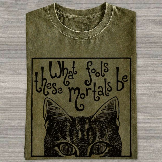 Block Framed Tabby Cat Peeking Vintage Curly Poem Washed T-shirt