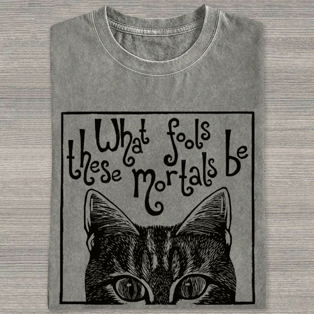 Block Framed Tabby Cat Peeking Vintage Curly Poem Washed T-shirt