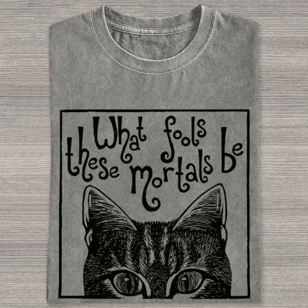 Block Framed Tabby Cat Peeking Vintage Curly Poem Washed T-shirt