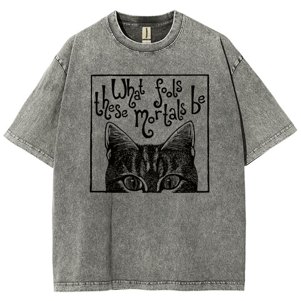 Block Framed Tabby Cat Peeking Vintage Curly Poem Washed T-shirt
