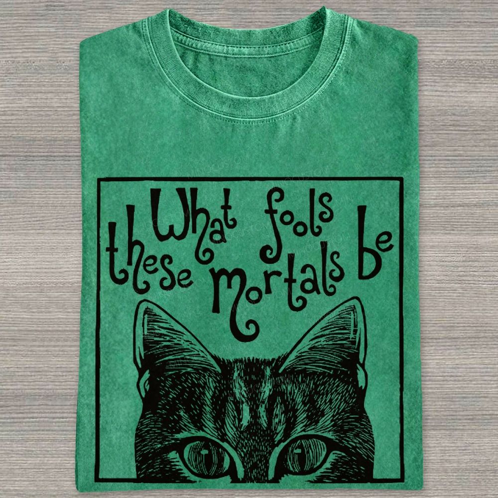 Block Framed Tabby Cat Peeking Vintage Curly Poem Washed T-shirt