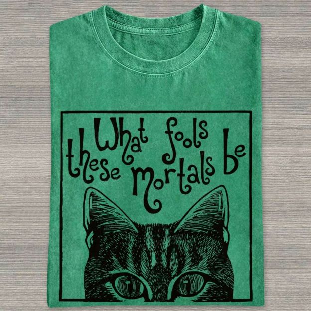 Block Framed Tabby Cat Peeking Vintage Curly Poem Washed T-shirt