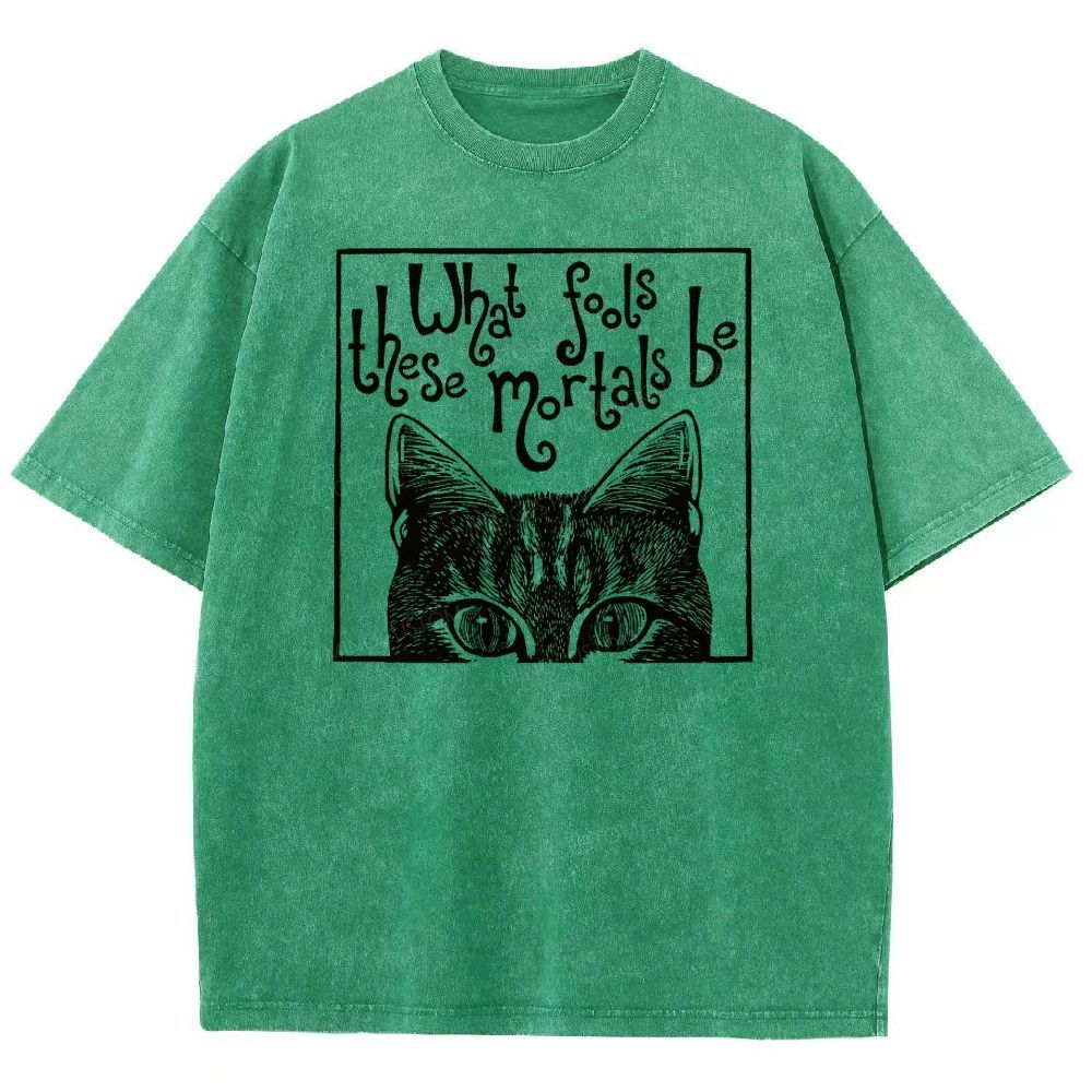 Block Framed Tabby Cat Peeking Vintage Curly Poem Washed T-shirt