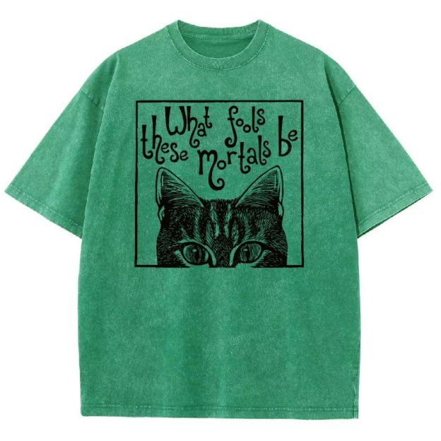 Block Framed Tabby Cat Peeking Vintage Curly Poem Washed T-shirt