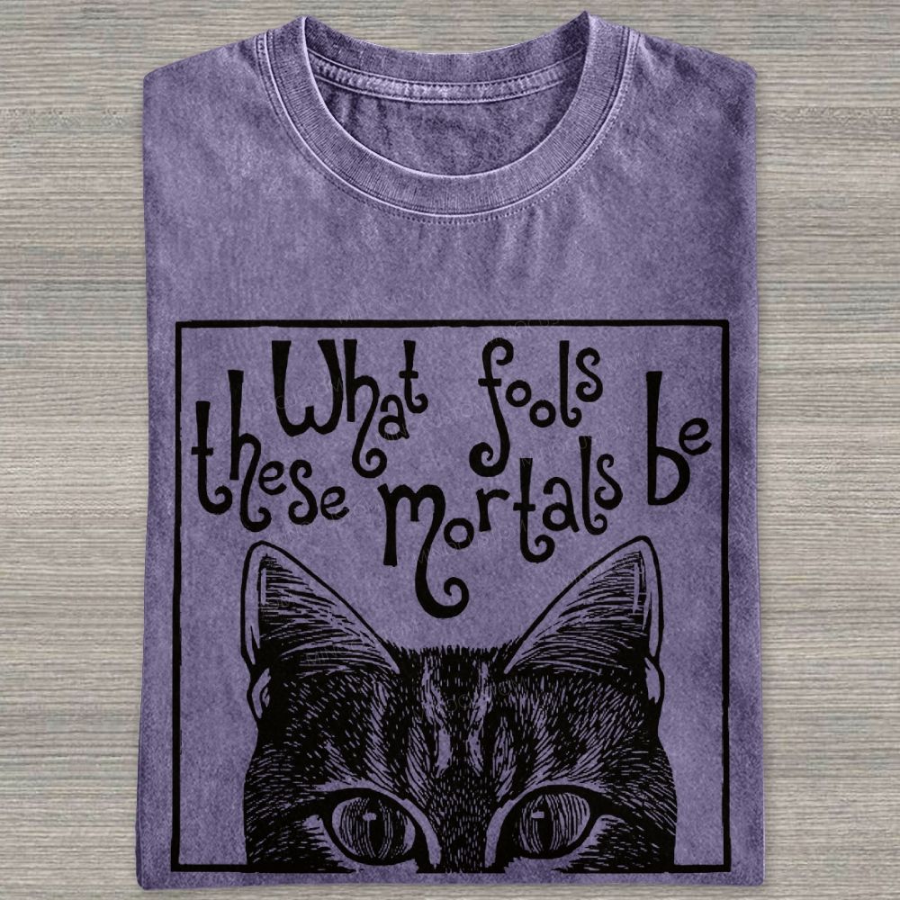 Block Framed Tabby Cat Peeking Vintage Curly Poem Washed T-shirt