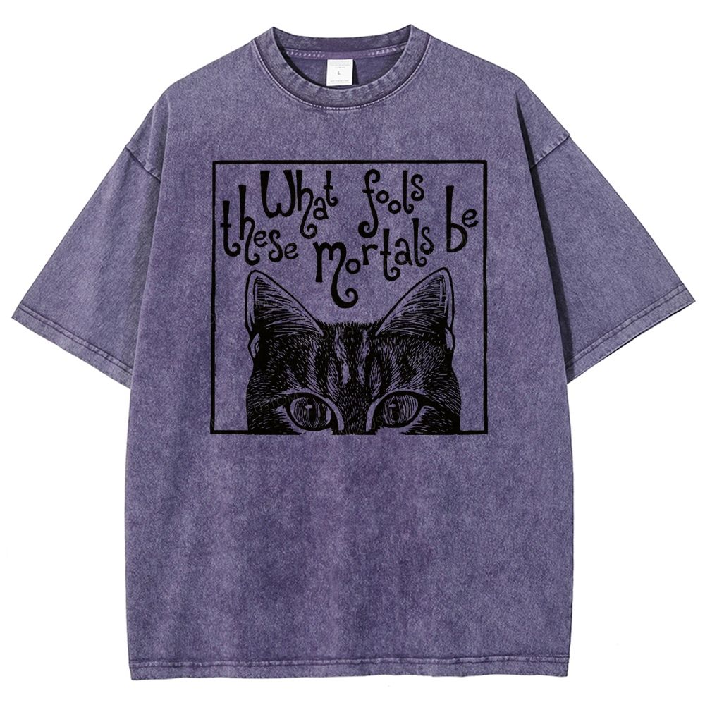 Block Framed Tabby Cat Peeking Vintage Curly Poem Washed T-shirt