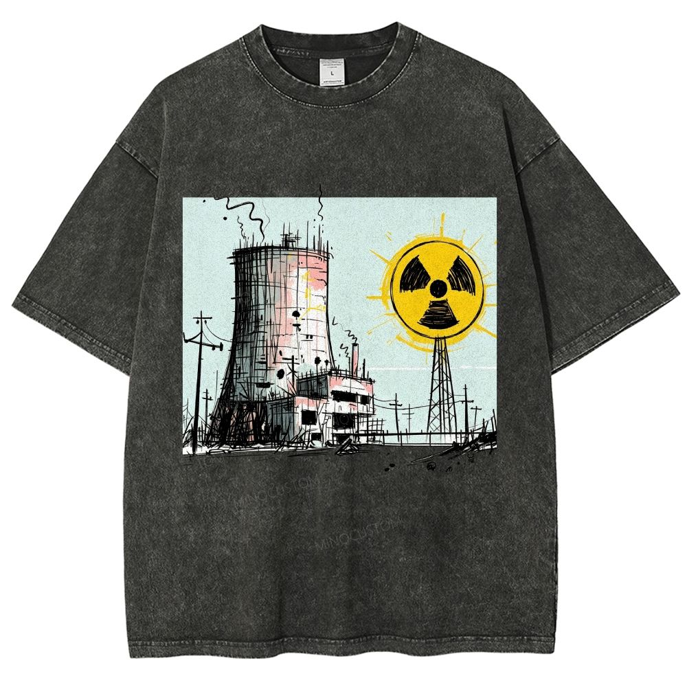 Loose Hand Drawn Cooling Tower Hazard Marker Unisex Fit Washed T-Shirt