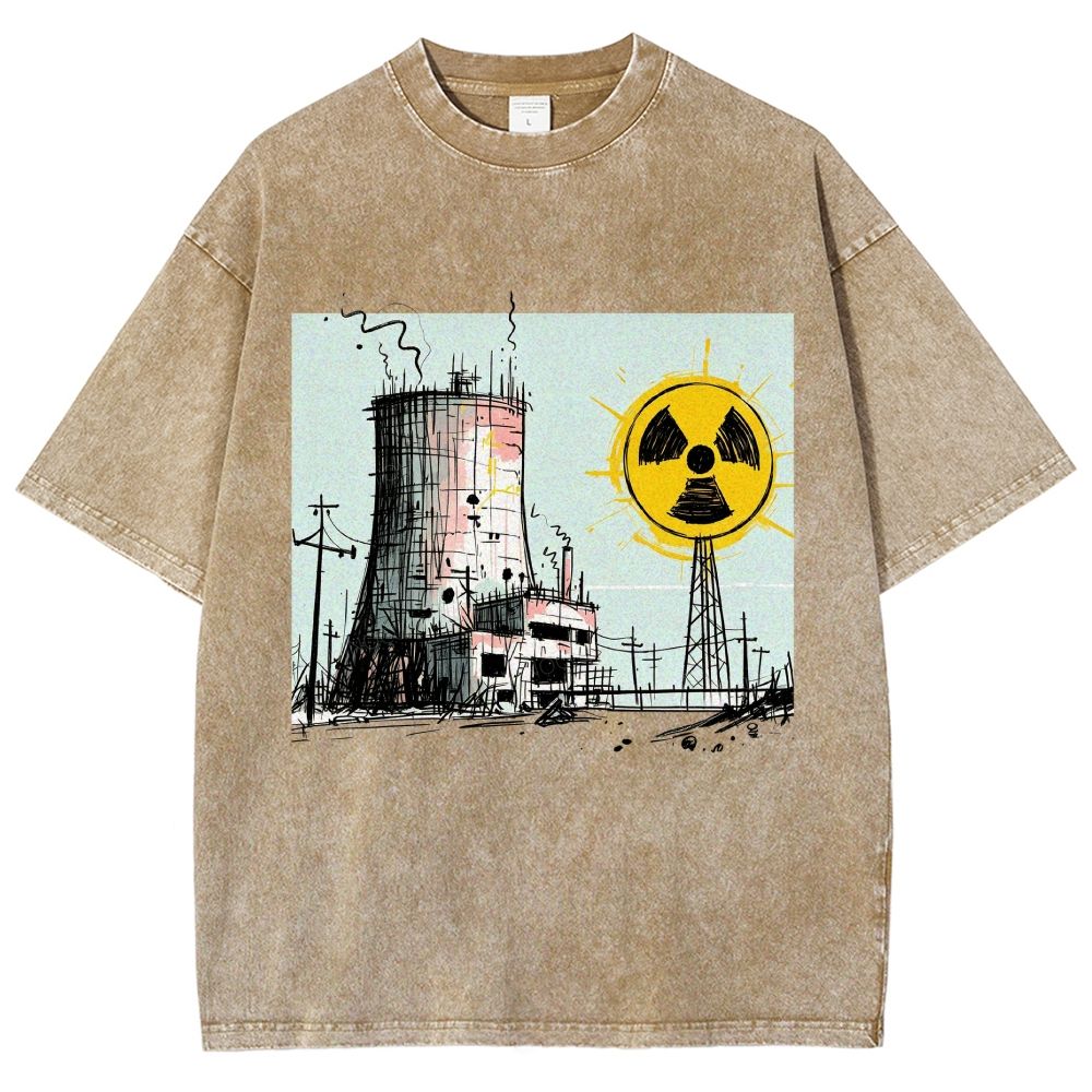 Loose Hand Drawn Cooling Tower Hazard Marker Unisex Fit Washed T-Shirt