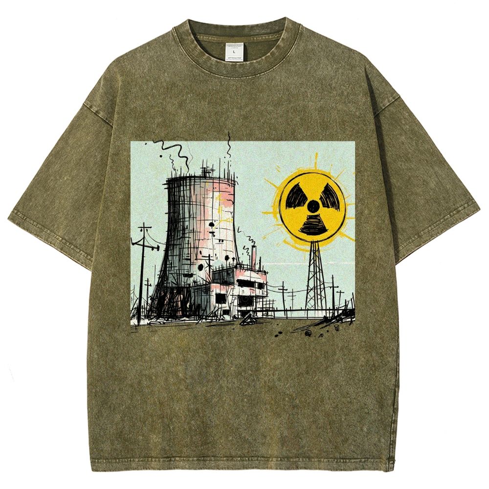 Loose Hand Drawn Cooling Tower Hazard Marker Unisex Fit Washed T-Shirt